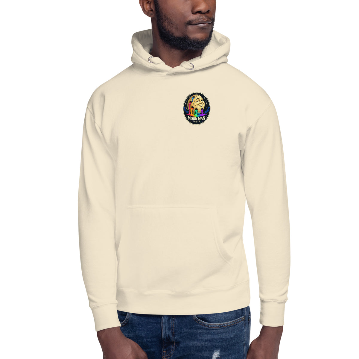 Moon Man Paints clean circular logo hoodie — bone front