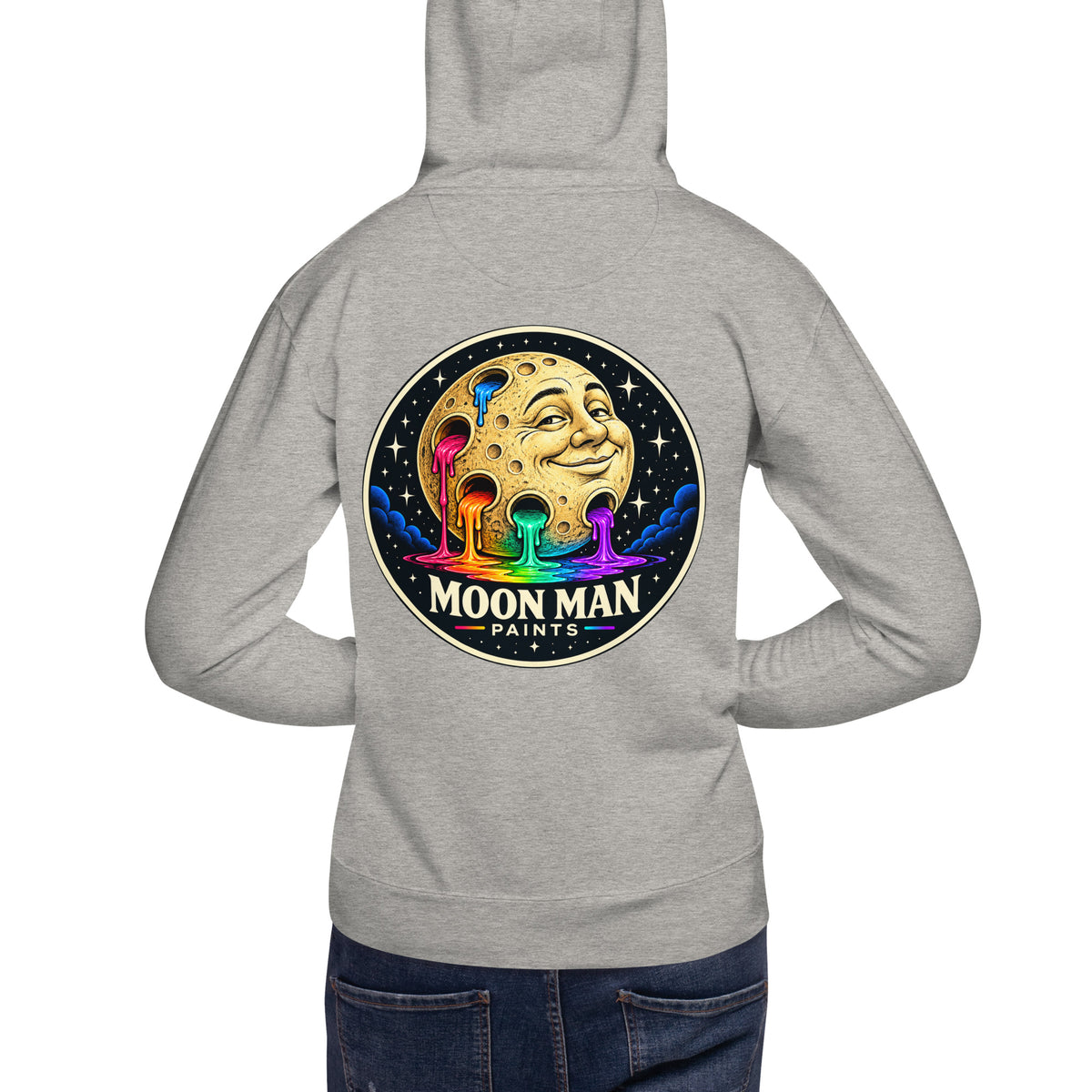 Moon Man Paints clean circular logo hoodie — carbon grey back