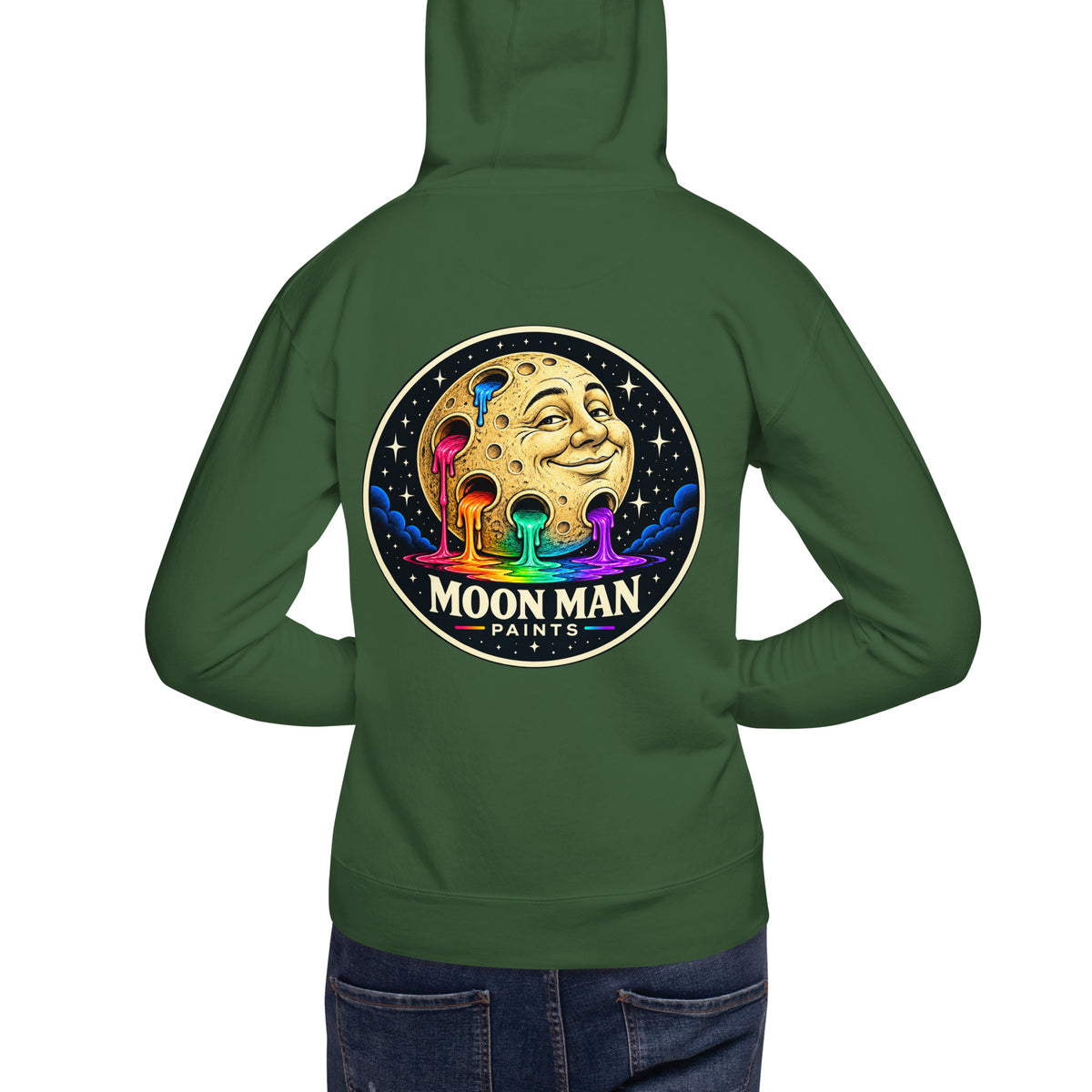 Moon Man Paints clean circular logo hoodie — forest green back