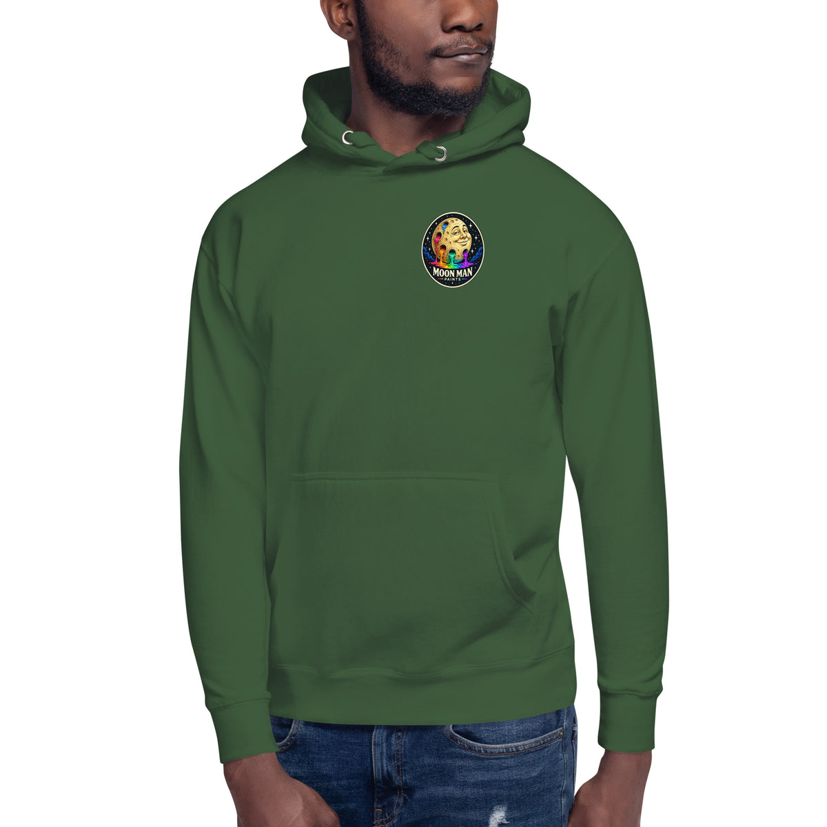 Moon Man Paints clean circular logo hoodie — forest green front