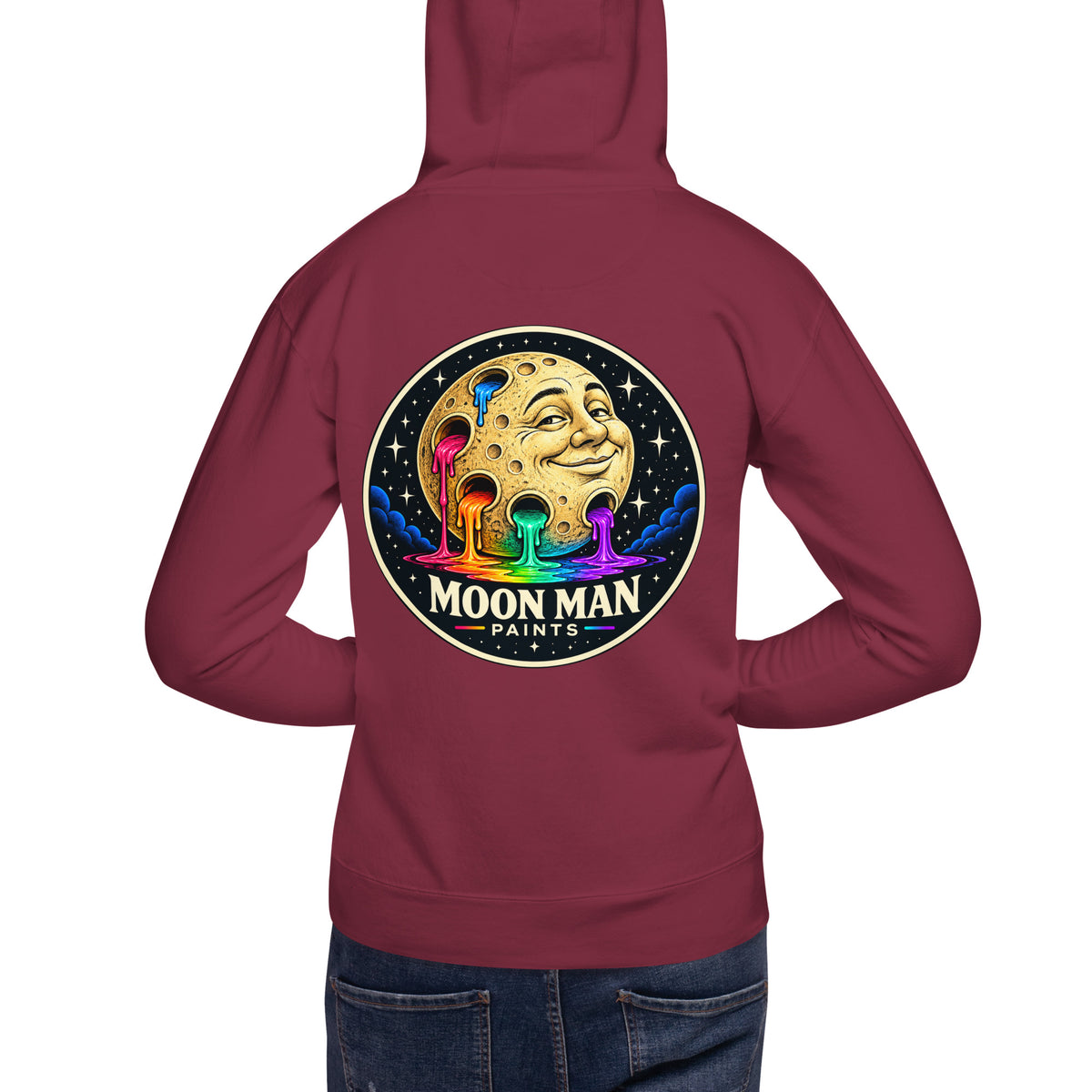 Moon Man Paints clean circular logo hoodie — maroon back
