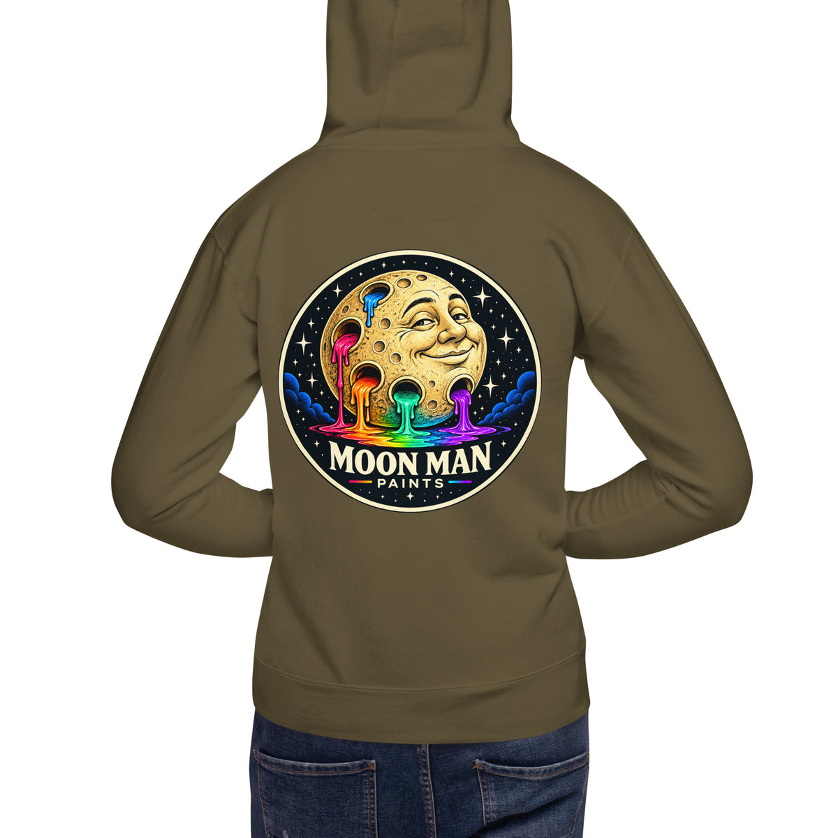 Moon Man Paints clean circular logo hoodie — military green back
