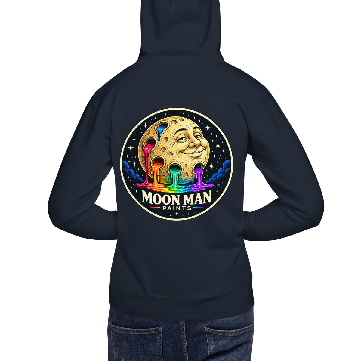Moon Man Paints clean circular logo hoodie — navy blazer back