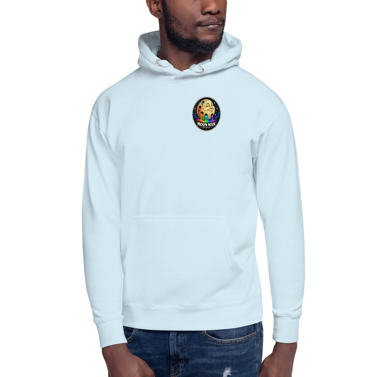 Moon Man Paints clean circular logo hoodie — sky blue front