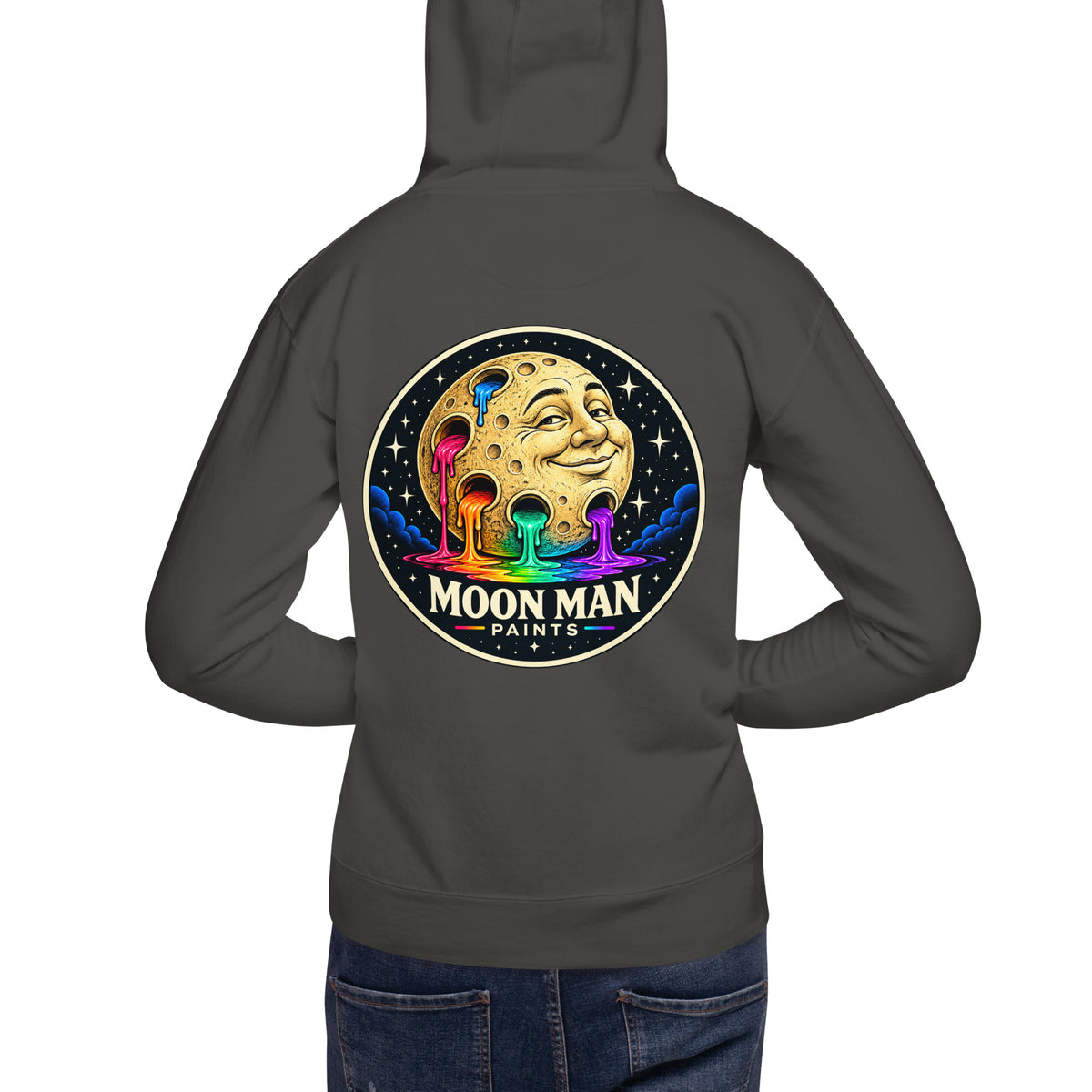 Moon Man Paints clean circular logo hoodie — vintage black back