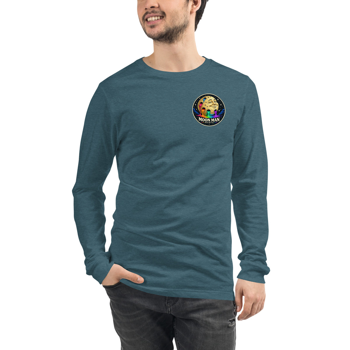 Moon Man Paints clean circular logo long sleeve tee — heather deep teal front