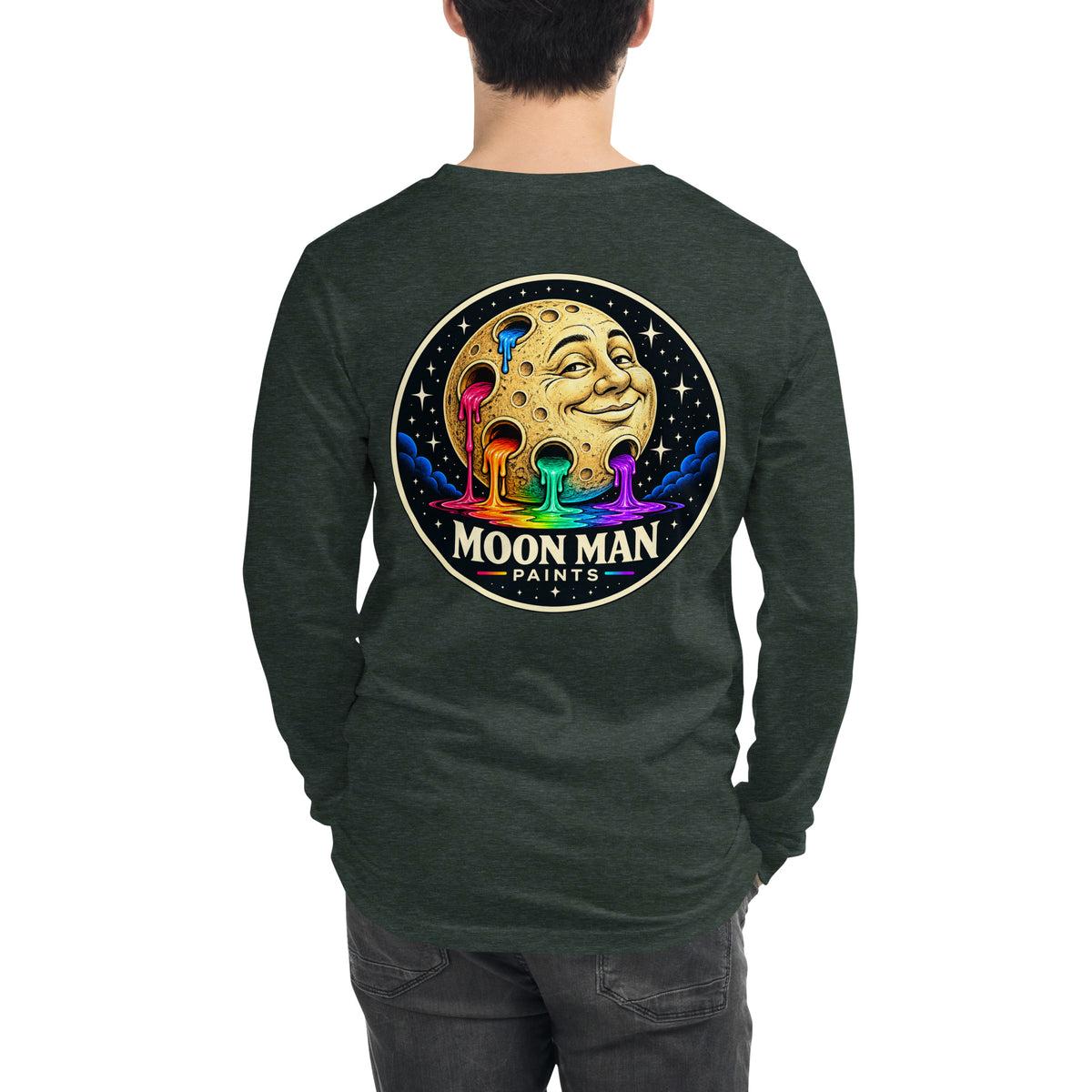 Moon Man Paints clean circular logo long sleeve tee — heather forest back