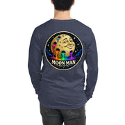 Moon Man Paints clean circular logo long sleeve tee — heather navy back