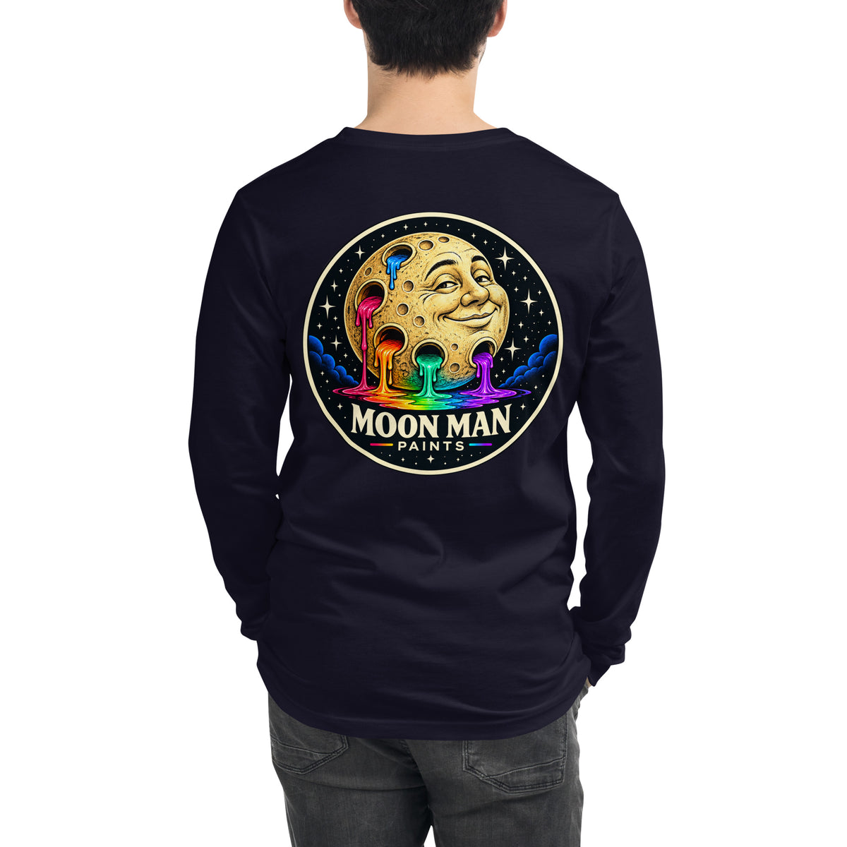 Moon Man Paints clean circular logo long sleeve tee — navy back