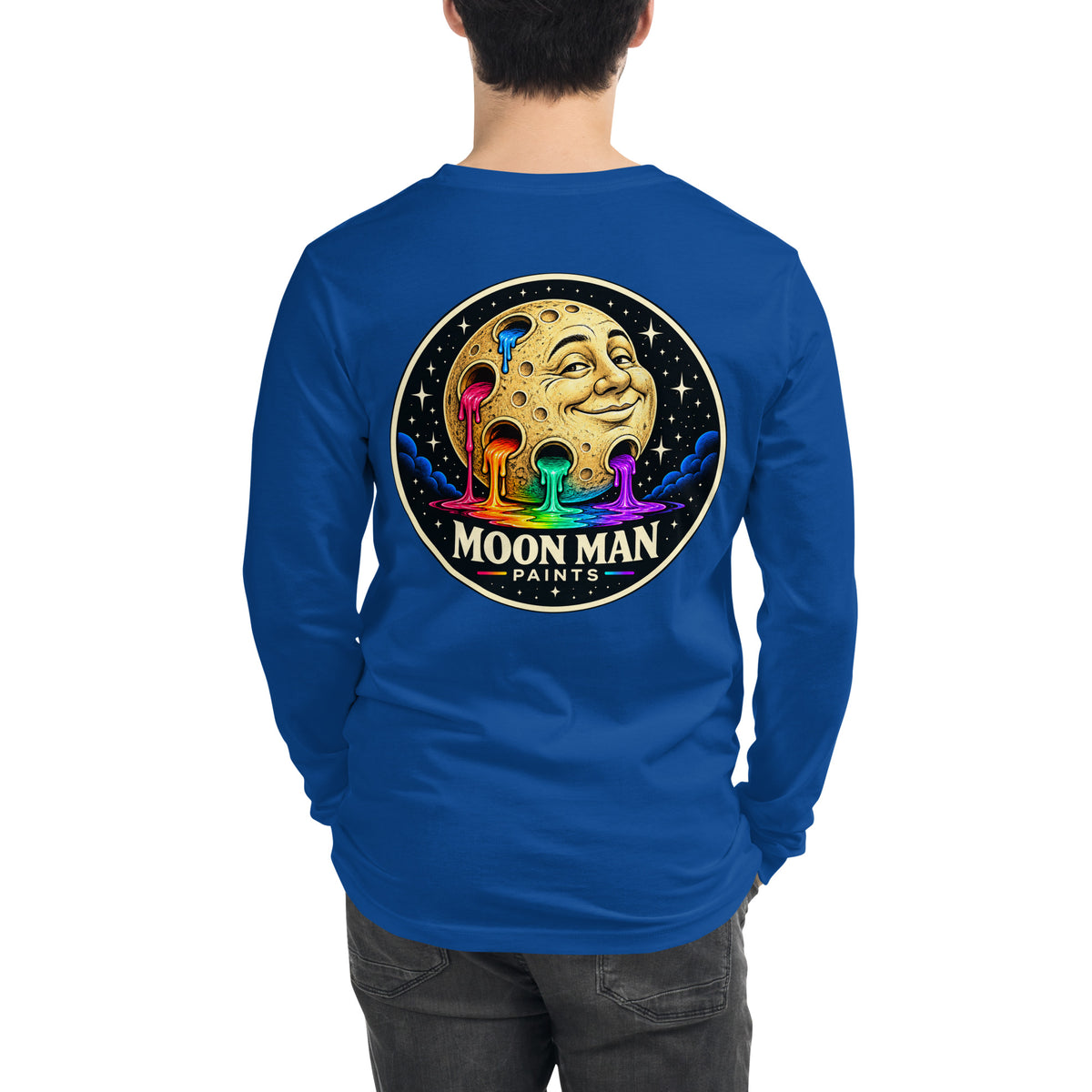 Moon Man Paints clean circular logo long sleeve tee — true royal back