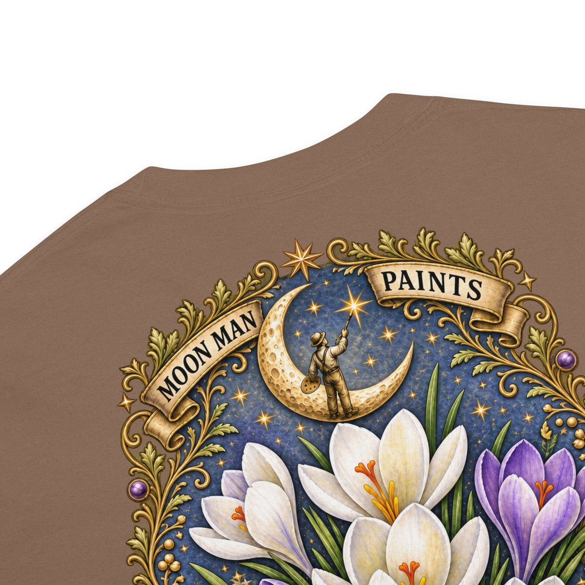 Bloom Through Every Season — Botanical Artist Series Tee in Espresso, detail close-up