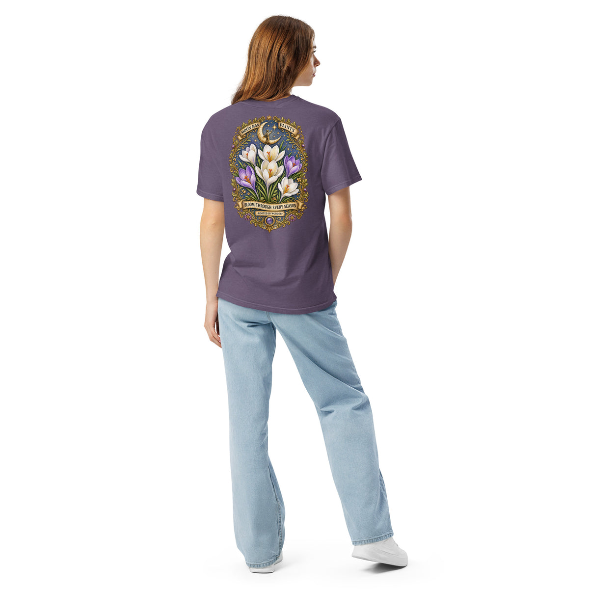 Bloom Through Every Season — Botanical Artist Series Tee in Grape, back view