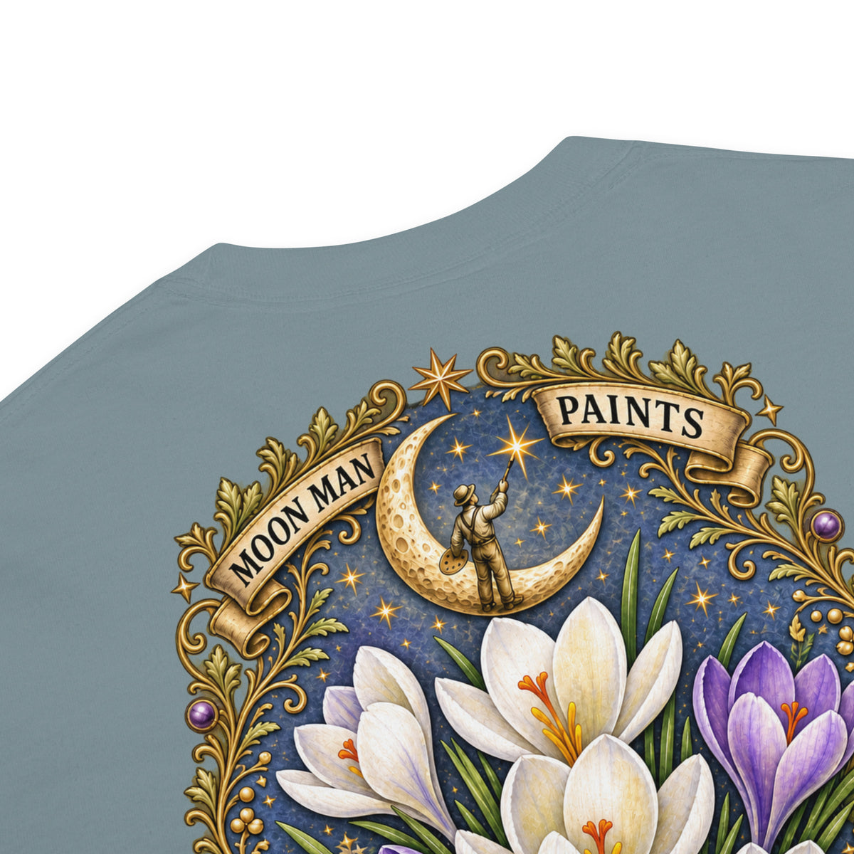 Bloom Through Every Season — Botanical Artist Series Tee in Ice Blue, detail close-up