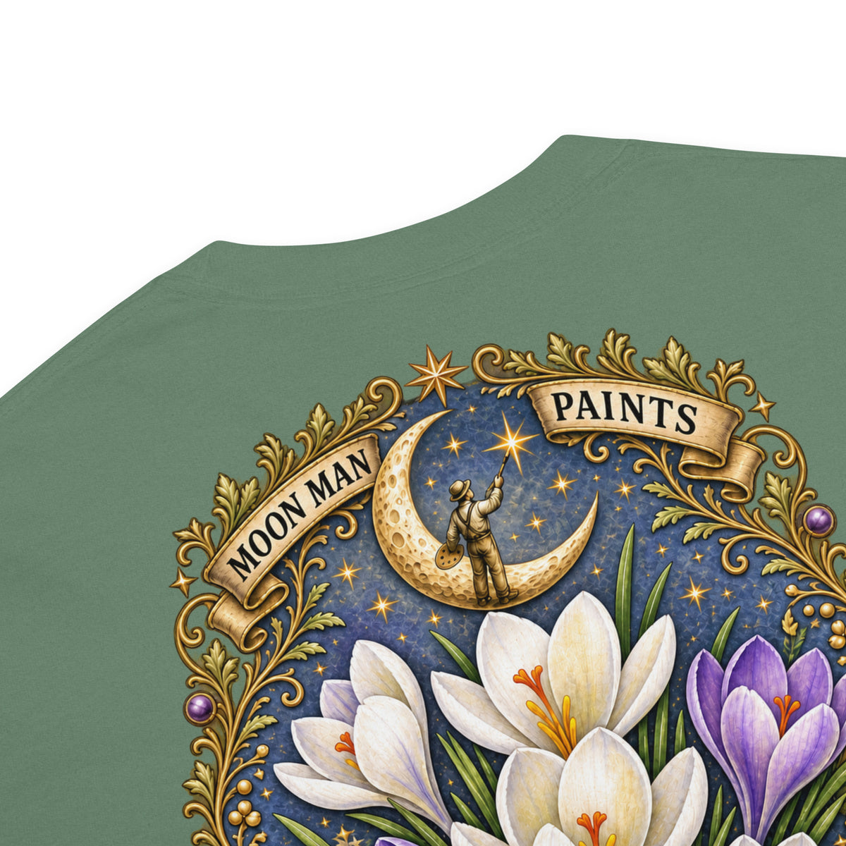 Bloom Through Every Season — Botanical Artist Series Tee in Light Green, detail close-up