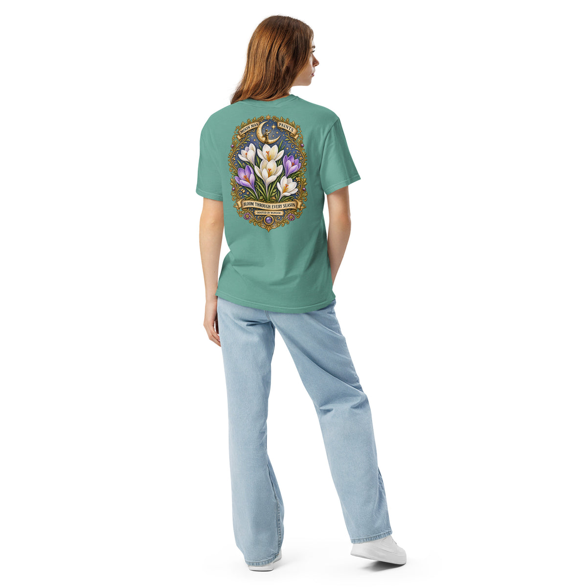 Bloom Through Every Season — Botanical Artist Series Tee in Seafoam, back view