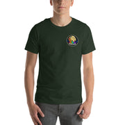 Cosmic Flow Artist Series Tee — heather emerald — front view with clean circular Moon Man logo