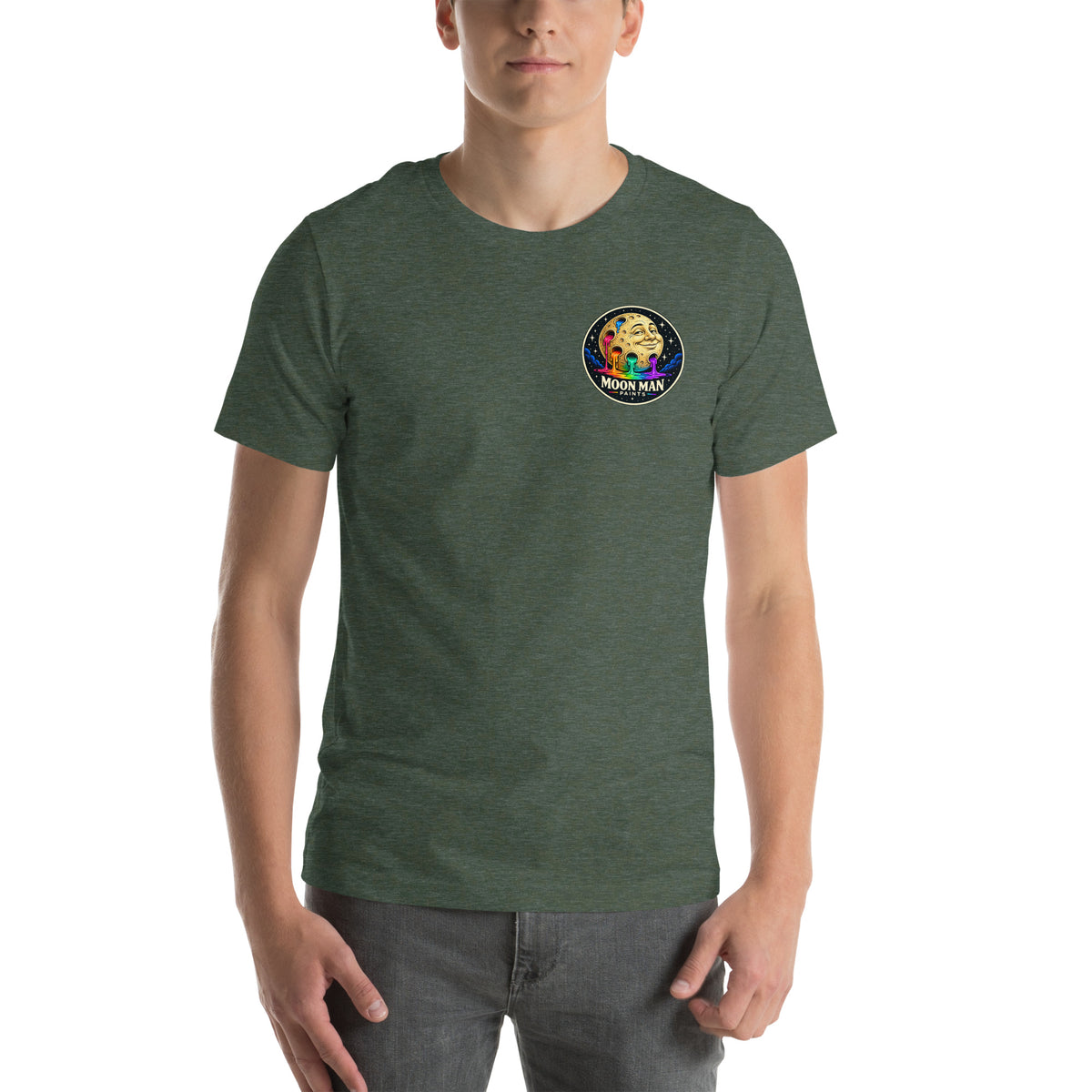 The Watcher Tee — heather forest — front view with clean circular Moon Man logo