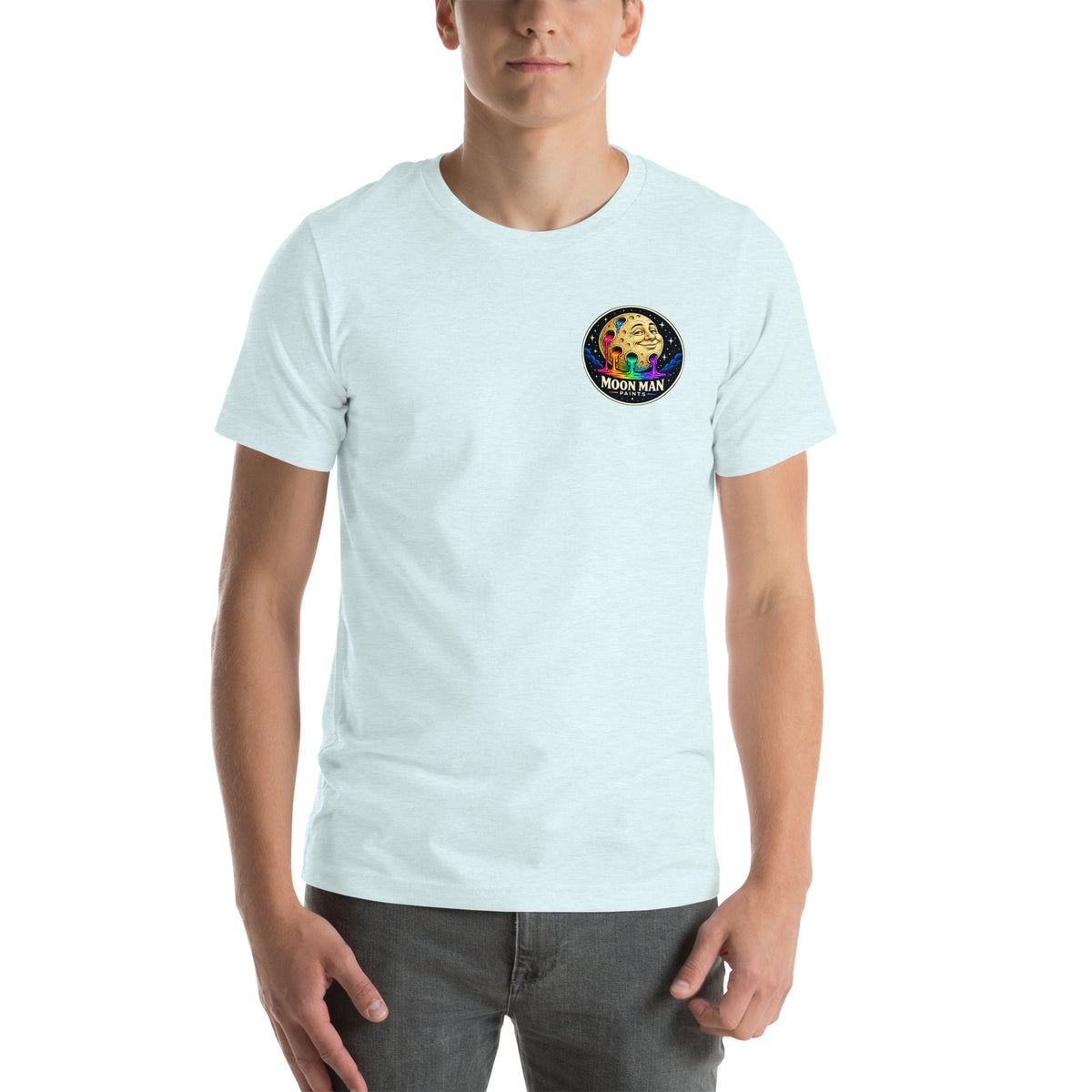 The Watcher Tee — heather ice blue — front view with clean circular Moon Man logo