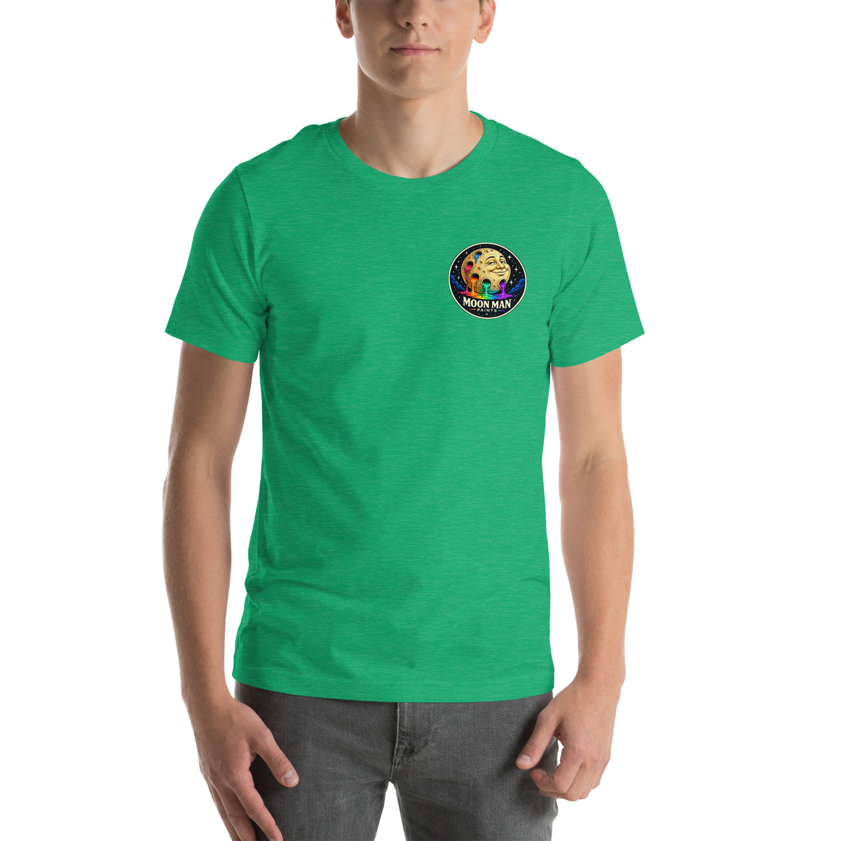 The Cosmic Painter Tee — heather kelly — front view with clean circular Moon Man logo