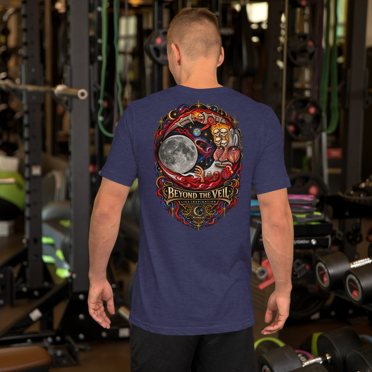Beyond the Veil — Signature Series Tee — Heather Midnight Navy — back view