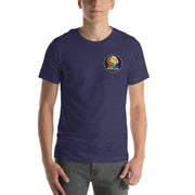 The Watcher Tee — heather midnight navy — front view with clean circular Moon Man logo