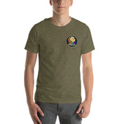 The Cosmic Painter Tee — heather olive — front view with clean circular Moon Man logo