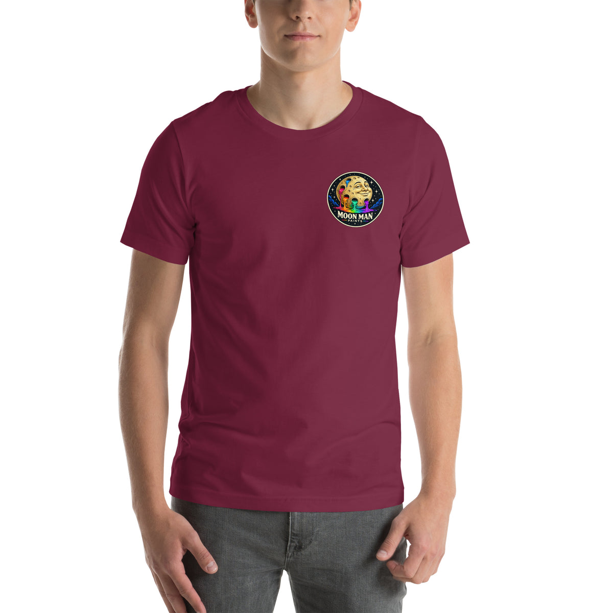 Cosmic Flow Artist Series Tee — maroon — front view with clean circular Moon Man logo