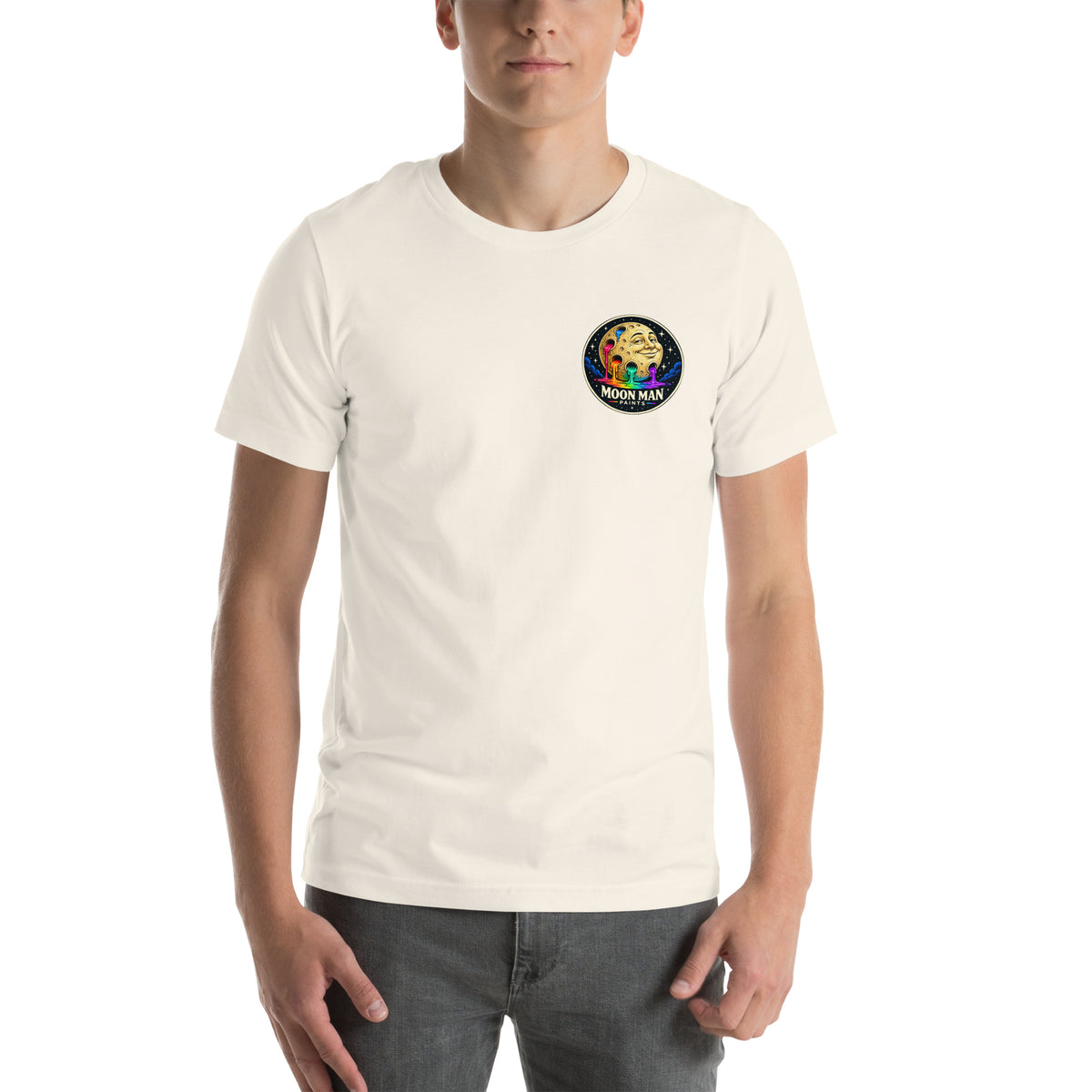 The Cosmic Painter Tee — vintage white — front view with clean circular Moon Man logo