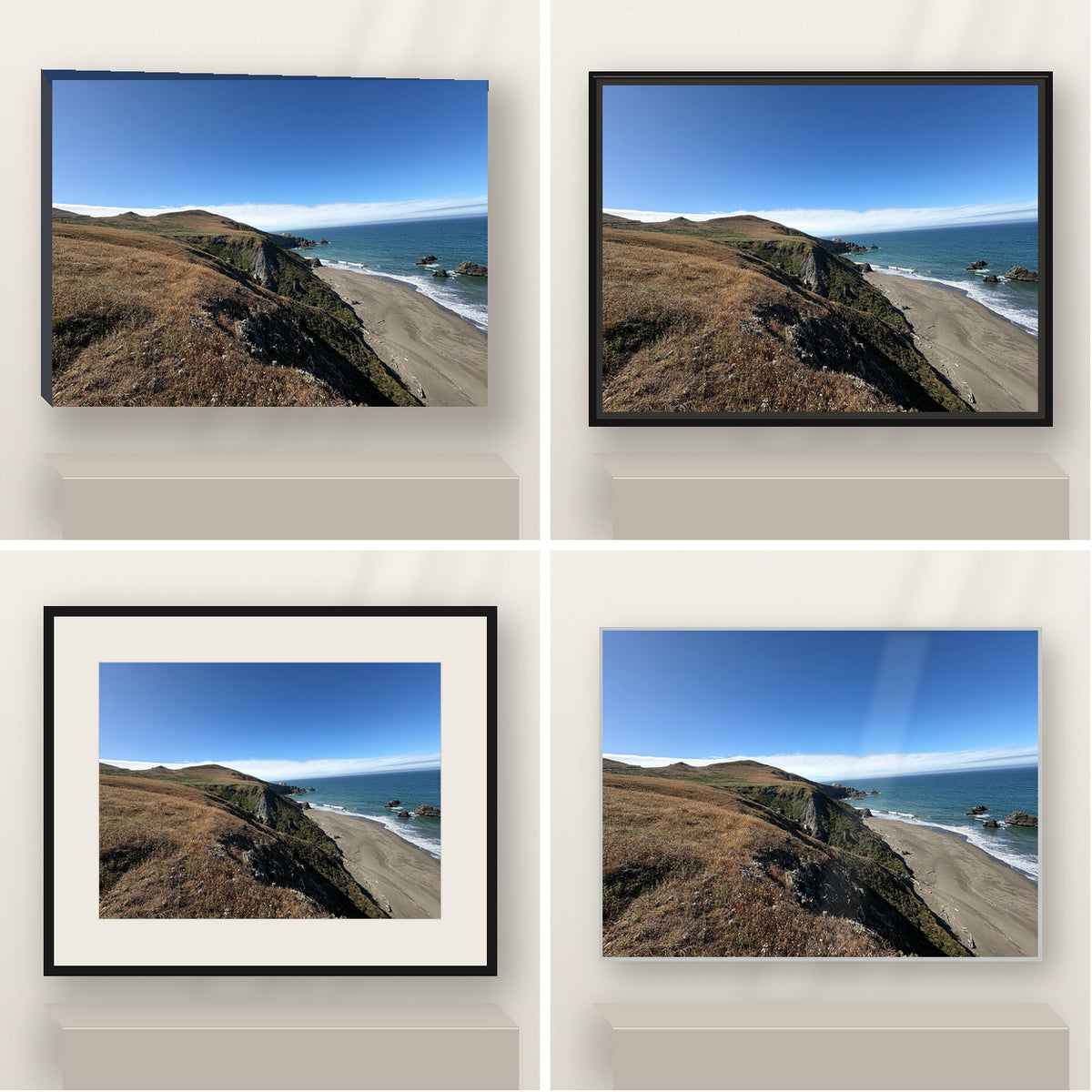 Where the Headlands Meet the Sea — Bodega Bay shown in canvas, black float framed canvas, black framed fine-art paper, and glossy white metal finishes.