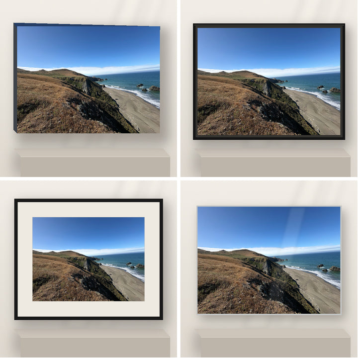 Where the Headlands Meet the Sea — Bodega Bay shown in canvas, black float framed canvas, black framed fine-art paper, and glossy white metal finishes.
